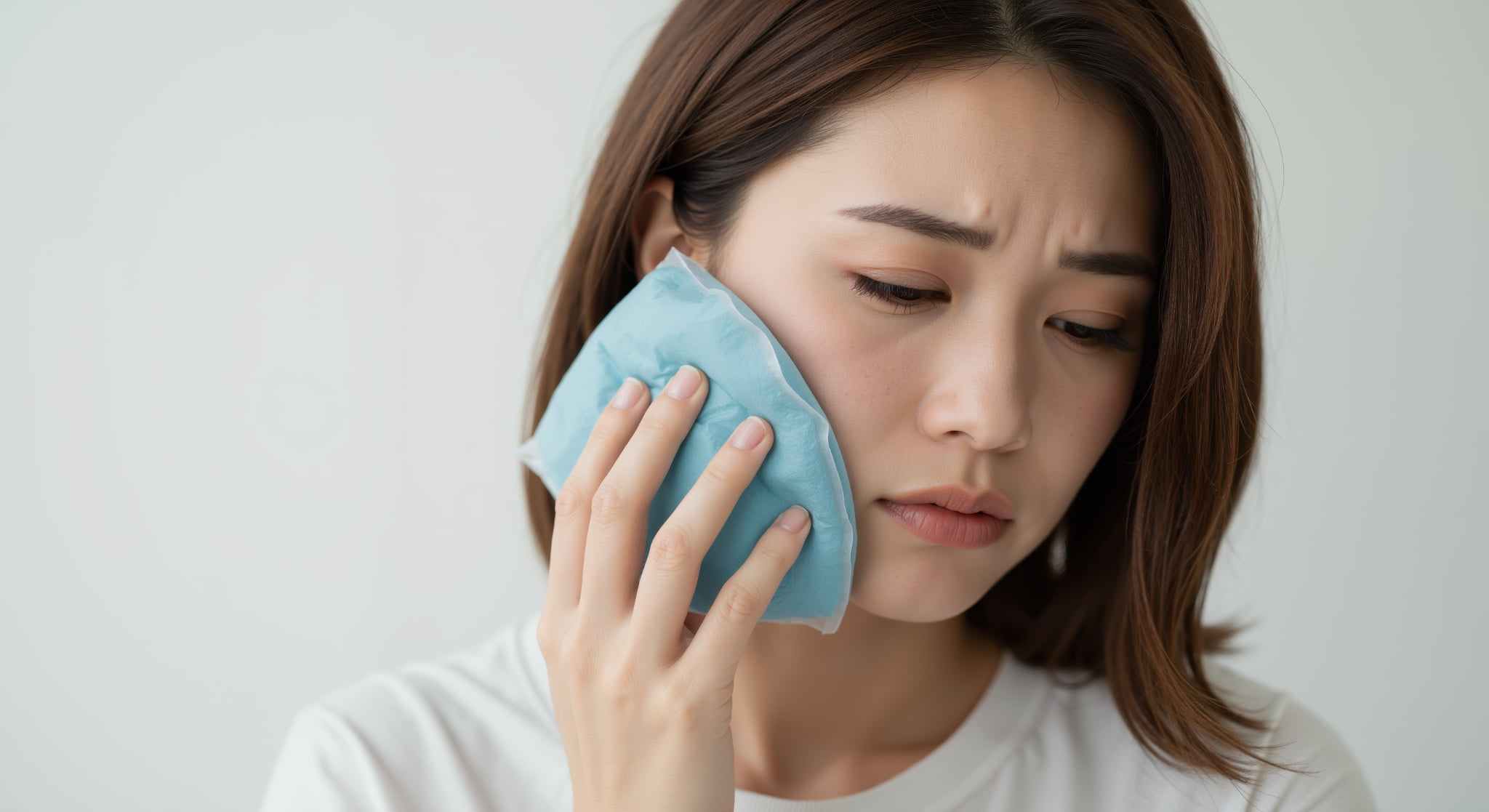 根管治療後に痛む患部を冷やす女性