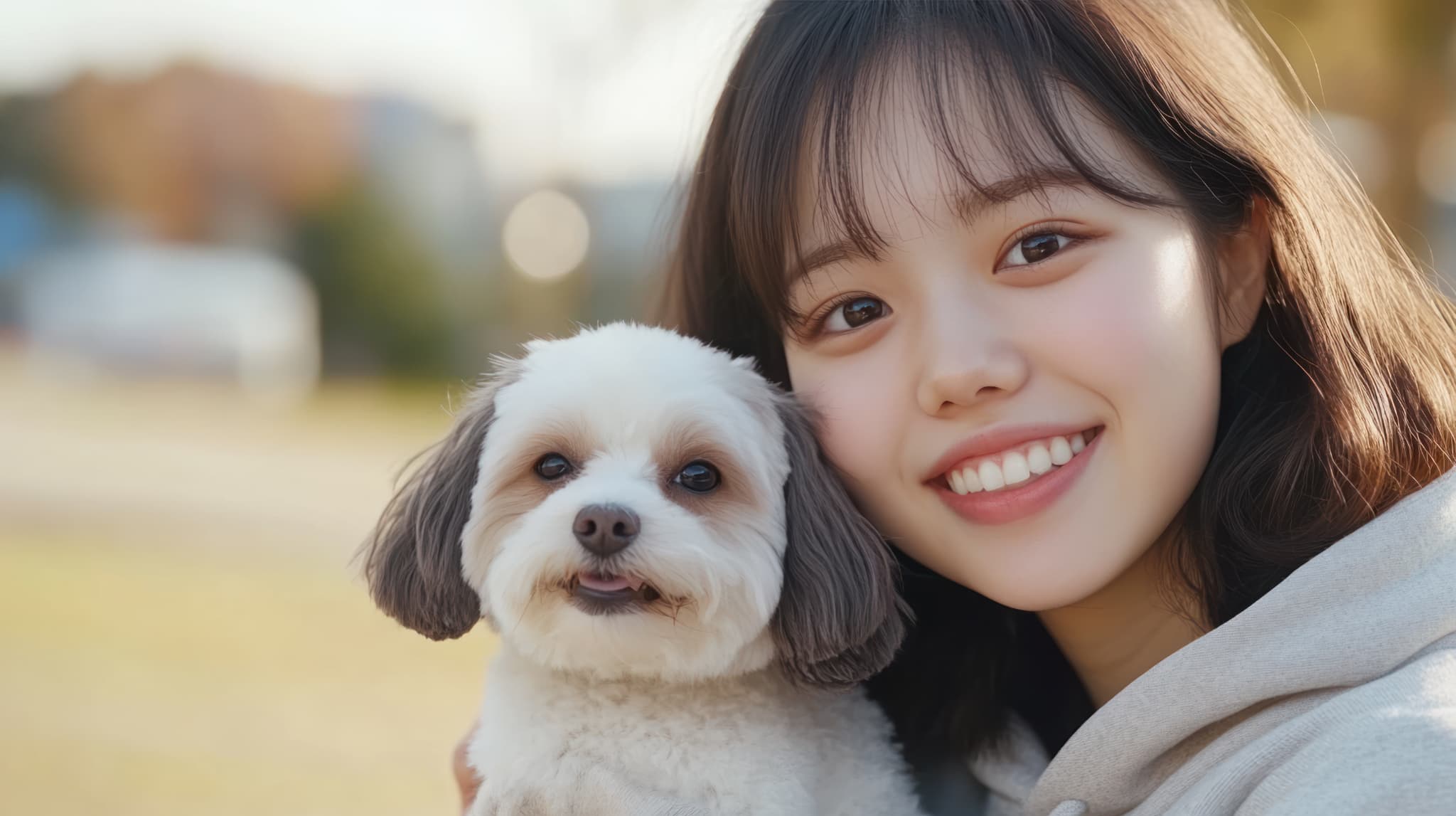 歯科医院でブラッシング指導を受けて綺麗な歯をしている女性と愛犬